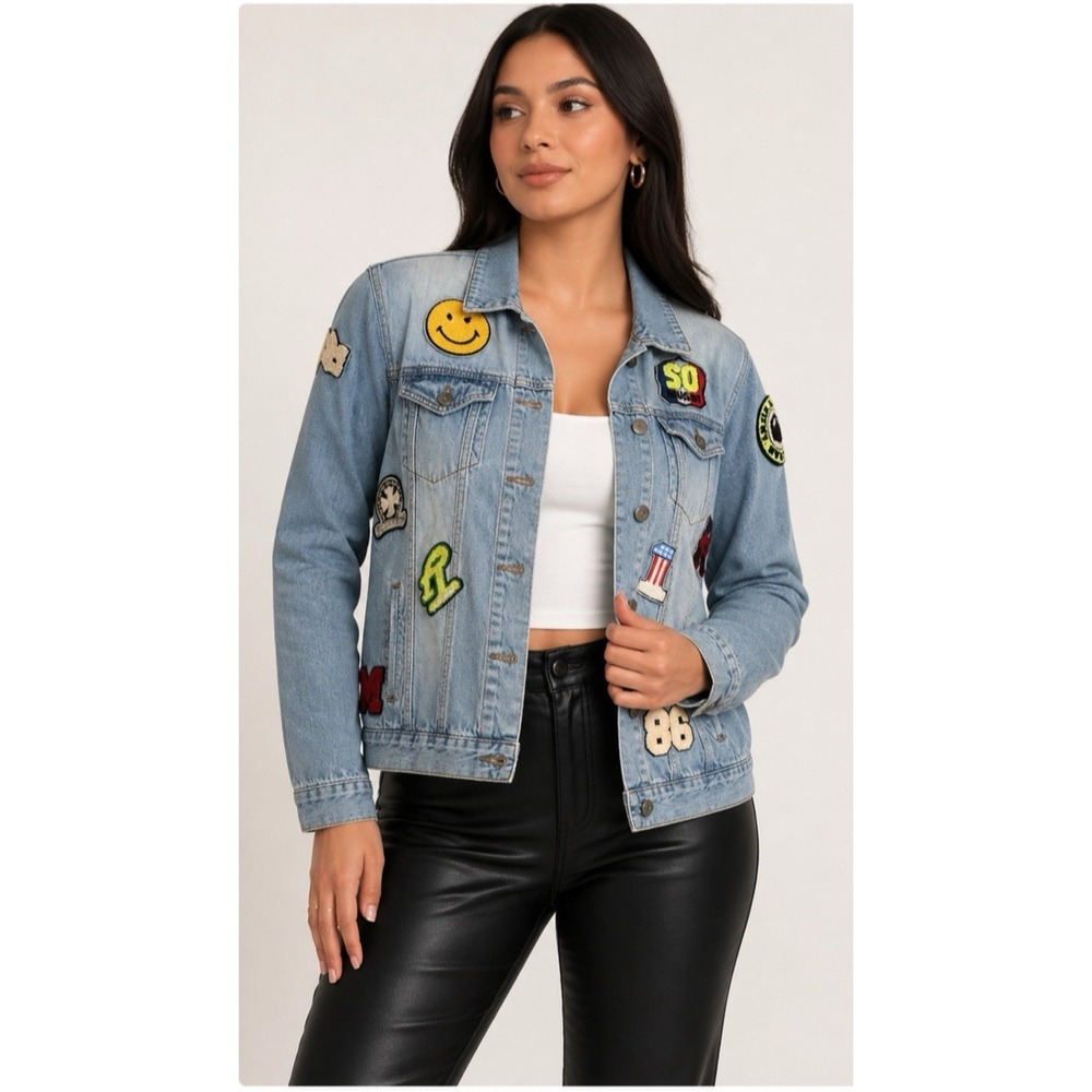 Bee & Ceci Blue Embroidered Patchwork Denim Jacket Smiley Letter Patch Womens XL